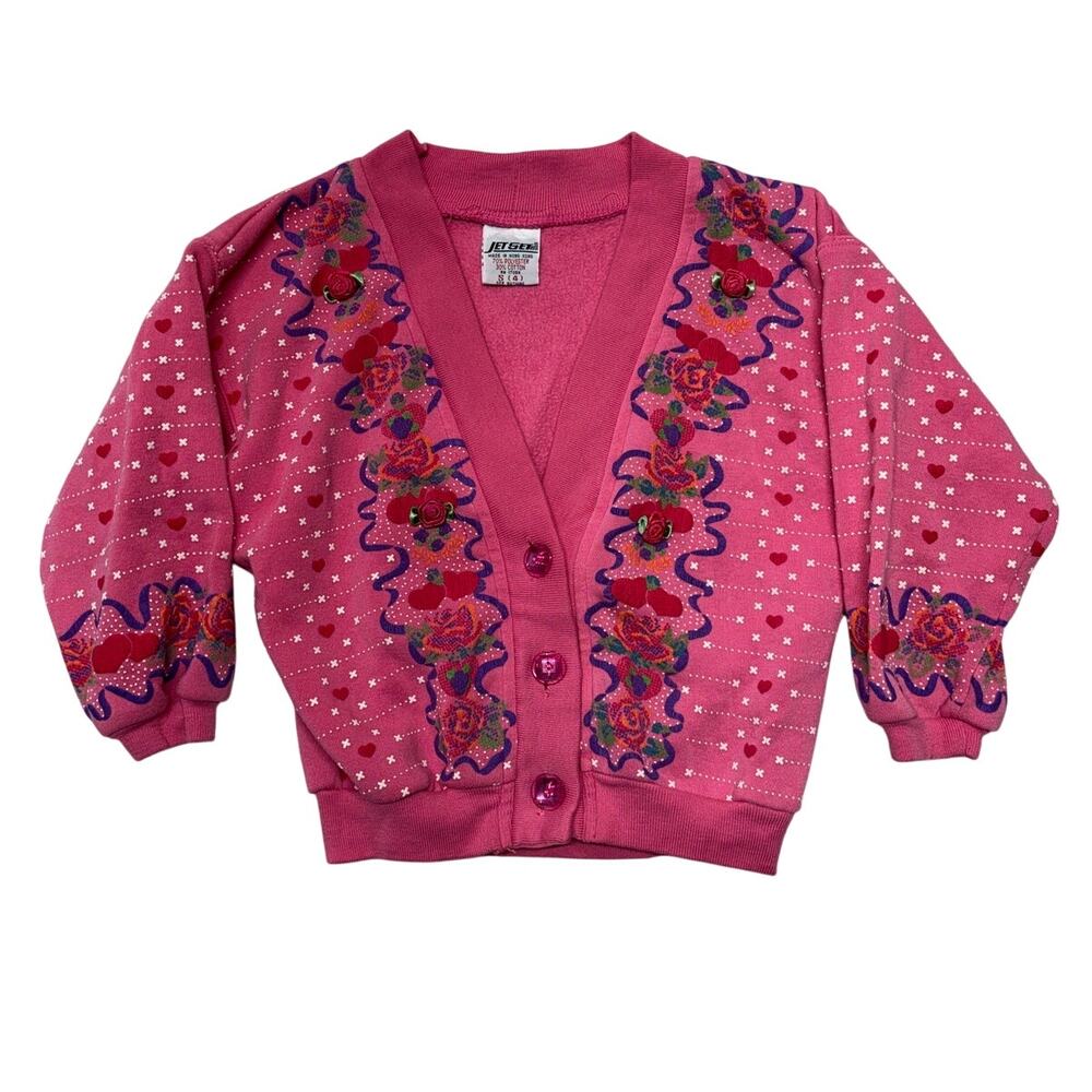 Vintage Jet Set Cardigan Small 4 Girls Pink Embroidered Floral Hong Kong 90s